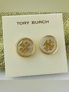 Tory Burch Gold and White Round Logo Stud Earrings
